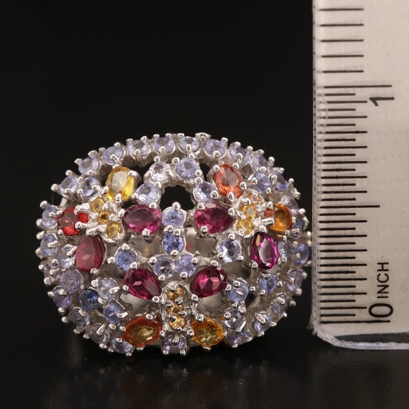 Sterling Silver Dome Ring Featuring Tanzanite, Garnets and Sapphires - Picture 2 of 6